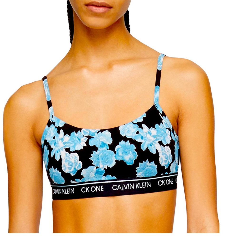 NWT Calvin Klein CK One Unlined Bralette, Floral Blue and Black